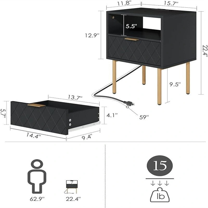 Nightstand with Charging Station - 11.81D x 15.75W x 22.05H