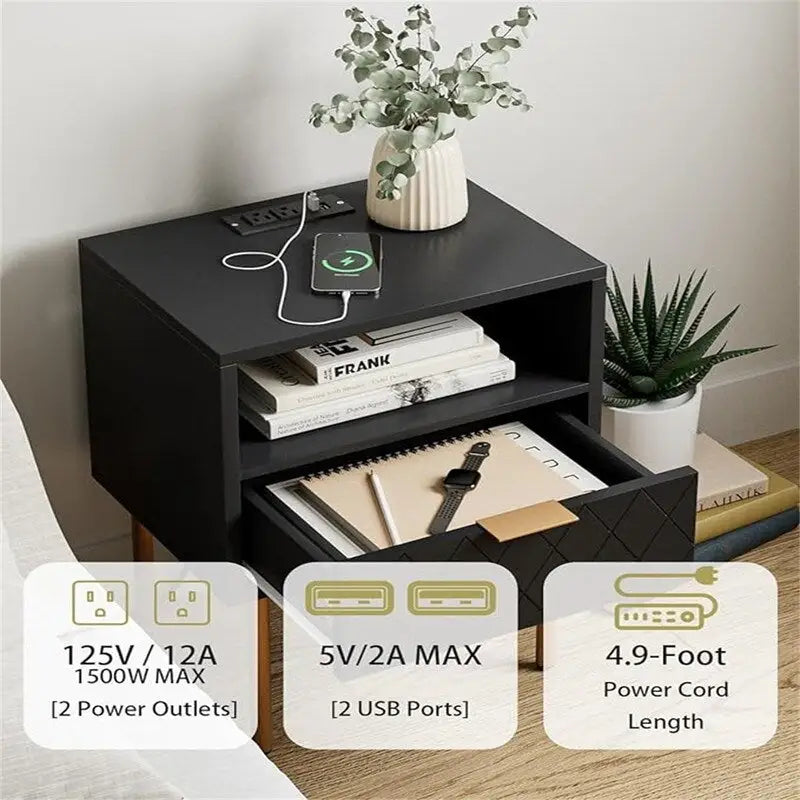 Nightstand with Charging Station - 11.81D x 15.75W x 22.05H