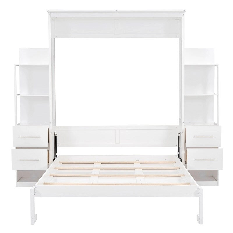 Queen Size Murphy Bed Wall Bed with Shelves, Drawers and LED Lights