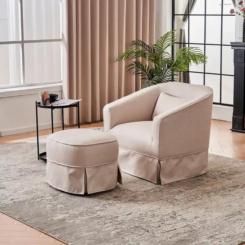 Swivel Round Barrel Accent Chair With Ottoman,Armchair Reading for Living Room for Bedroom Comfy with Black Metal Base