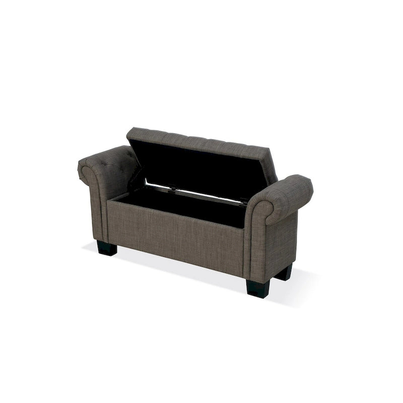 54 Inch Storage Bench, Polyester Linen, Rolled Arms, Tufted, Smooth Gray