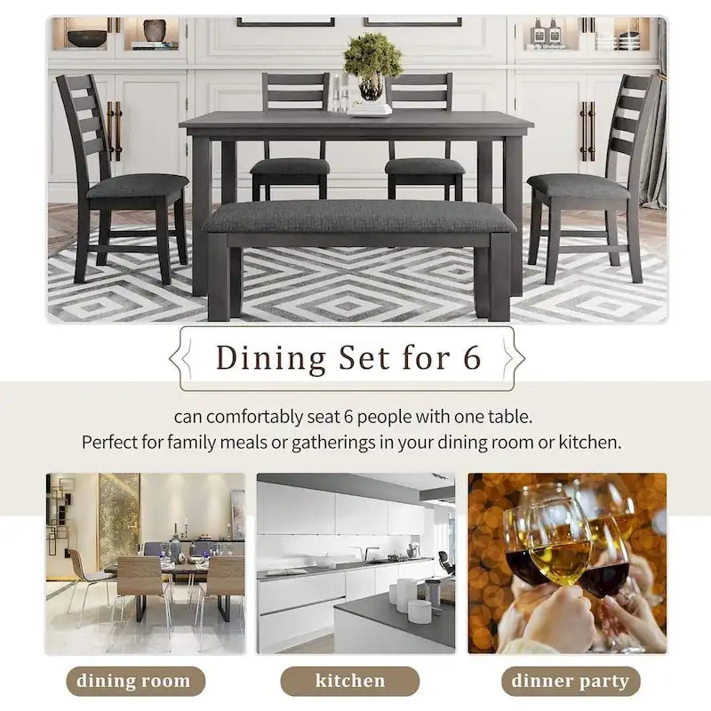 6 PCS Dining Room Table and Chairs with Bench, Rustic Wood Dining Set for 6